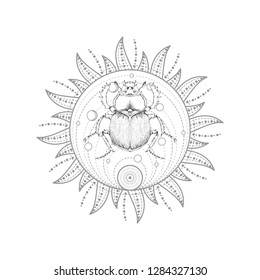 Vector illustration with hand drawn scarab and Sacred symbol Sun on white background. Abstract mystic sign. Black linear shape. For you design, tattoo or magic craft.