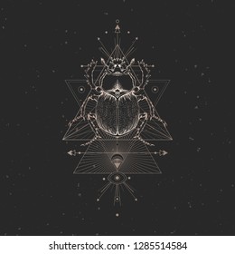 Vector illustration with hand drawn scarab and Sacred geometric symbol on black vintage background. Abstract mystic sign. Gold linear shape. For you design and other.