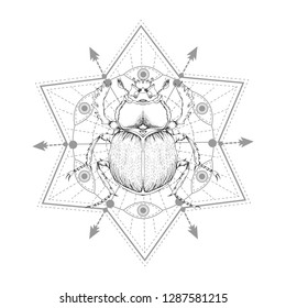 Vector illustration with hand drawn scarab and Sacred symbol on white background. Abstract mystic sign. Black linear shape. For you design, tattoo or magic craft.