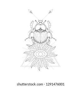 Vector illustration with hand drawn scarab and Sacred symbol on white background. Abstract mystic sign. Black linear shape. For you design, tattoo or magic craft.