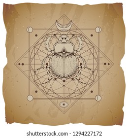 Vector illustration with hand drawn scarab and Sacred geometric symbol on vintage paper background with torn edges. Abstract mystic sign. Sepia linear shape. 