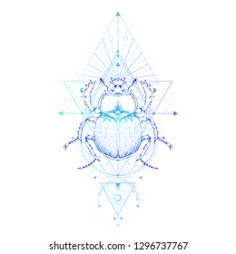 Vector illustration with hand drawn scarab and Sacred geometric symbol on white background. Abstract mystic sign. Colored linear shape. 
