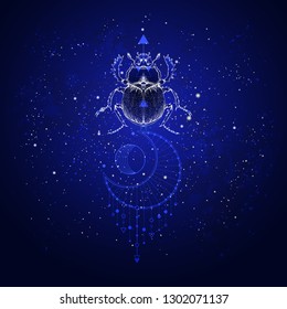 Vector illustration with hand drawn scarab and Sacred geometric symbol against the starry sky. Abstract mystic sign. Linear shape. For you design and other.