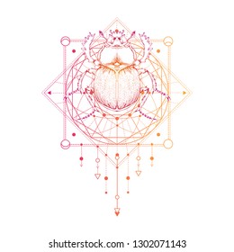 Vector illustration with hand drawn scarab and Sacred geometric symbol on white background. Abstract mystic sign. Colored linear shape. For you design: tattoo, print, posters, t-shirts, textiles.