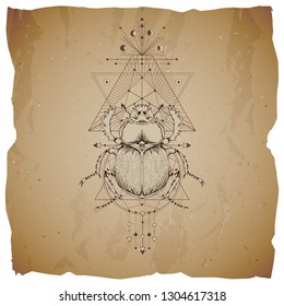 Vector illustration with hand drawn scarab and Sacred geometric symbol on vintage paper background with torn edges. Abstract mystic sign sign. Sepia linear shape. 