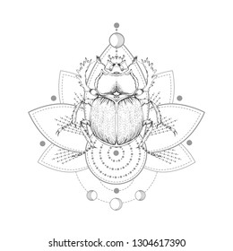 Vector illustration with hand drawn scarab and Sacred symbol on white background. Abstract mystic sign. Black linear shape. For you design, tattoo or magic craft.