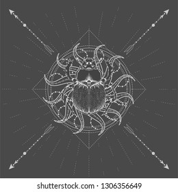 Vector illustration with hand drawn Scarab and Sacred geometric symbol on black background. Abstract mystic sign. White linear shape. For you design, tattoo or magic craft.