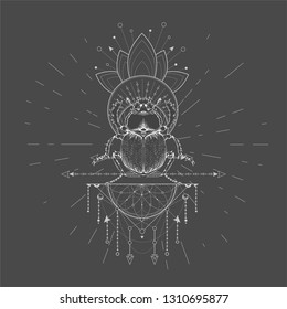 Vector illustration with hand drawn Scarab and Sacred geometric symbol on black background. Abstract mystic sign. White linear shape. For you design, tattoo or magic craft.