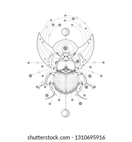 Vector illustration with hand drawn scarab and Sacred symbol on white background. Abstract mystic sign. Black linear shape. For you design, tattoo or magic craft.
