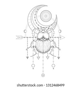 Vector illustration with hand drawn scarab and Sacred symbol on white background. Abstract mystic sign. Black linear shape. For you design, tattoo or magic craft.