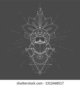 Vector illustration with hand drawn Scarab and Sacred geometric symbol on black background. Abstract mystic sign. White linear shape. For you design, tattoo or magic craft.