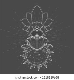 Vector illustration with hand drawn Scarab and Sacred symbol on black background. Abstract mystic sign. White linear shape. For you design, tattoo or magic craft.
