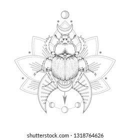 Vector illustration with hand drawn scarab and Sacred symbol on white background. Abstract mystic sign. Black linear shape. For you design, tattoo or magic craft.