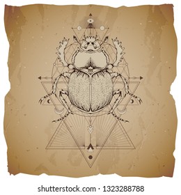 Vector illustration with hand drawn scarab and Sacred geometric symbol on vintage paper background with torn edges. Abstract mystic sign. Sepia linear shape. For you design.