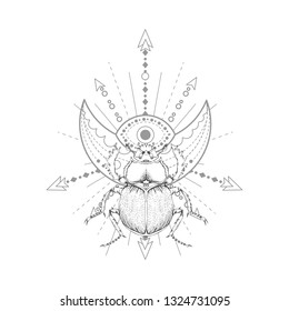 Vector illustration with hand drawn scarab and Sacred symbol on white background. Abstract mystic sign. Black linear shape. For you design, tattoo or magic craft.