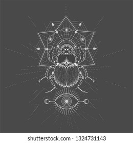 Vector illustration with hand drawn Scarab and Sacred geometric symbol on black background. Abstract mystic sign. White linear shape. For you design, tattoo or magic craft.
