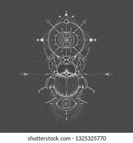 Vector illustration with hand drawn Scarab and Sacred geometric symbol on black background. Abstract mystic sign. White linear shape. For you design, tattoo or magic craft.
