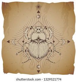 Vector illustration with hand drawn scarab and Sacred geometric symbol on vintage paper background with torn edges. Abstract mystic sign. Sepia linear shape. For you design.