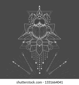 Vector illustration with hand drawn Scarab and Sacred geometric symbol on black background. Abstract mystic sign. White linear shape. For you design, tattoo or magic craft.