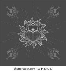 Vector illustration with hand drawn Scarab and Sacred geometric symbol on black background. Abstract mystic sign. White linear shape. For you design, tattoo or magic craft.