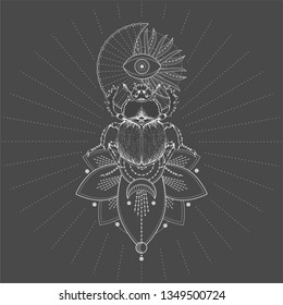 Vector illustration with hand drawn Scarab and Sacred geometric symbol on black background. Abstract mystic sign. White linear shape. For you design, tattoo or magic craft.