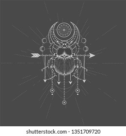 Vector illustration with hand drawn Scarab and Sacred geometric symbol on black background. Abstract mystic sign. White linear shape. For you design, tattoo or magic craft.