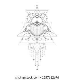 Vector illustration with hand drawn scarab and Sacred symbol on white background. Abstract mystic sign. Black linear shape. For you design, tattoo or magic craft.