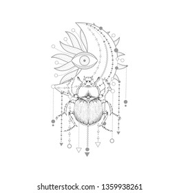 Vector illustration with hand drawn scarab and Sacred symbol on white background. Abstract mystic sign. Black linear shape. For you design, tattoo or magic craft.