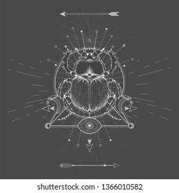 Vector illustration with hand drawn Scarab and Sacred geometric symbol on black background. Abstract mystic sign. White linear shape. For you design, tattoo or magic craft.