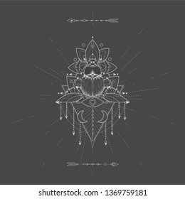 Vector illustration with hand drawn Scarab and Sacred geometric symbol on black background. Abstract mystic sign. White linear shape. For you design, tattoo or magic craft.