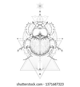 Vector illustration with hand drawn scarab and Sacred geometric symbol on white background. Abstract mystic sign. Black linear shape. For you design and magic craft.