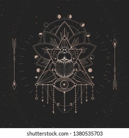 Vector illustration with hand drawn Scarab and Sacred geometric symbol on black vintage background. Abstract mystic sign. Gold linear shape. For you design and magic craft.