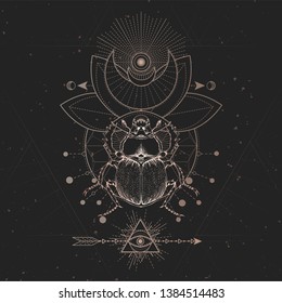 Vector illustration with hand drawn Scarab and Sacred geometric symbol on black vintage background. Abstract mystic sign. Gold linear shape. For you design and magic craft.