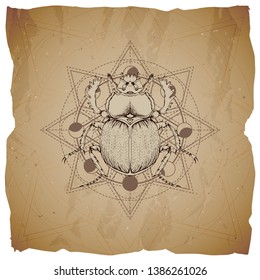 Vector illustration with hand drawn Scarab and Sacred geometric symbol on old paper background with torn edges. Abstract mystic sign. Sepia linear shape. For you design and magic craft.