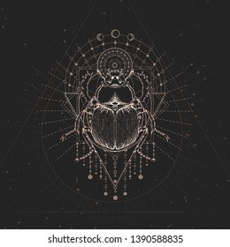 Vector illustration with hand drawn Scarab and Sacred geometric symbol on black vintage background. Abstract mystic sign. Gold linear shape. For you design and magic craft.