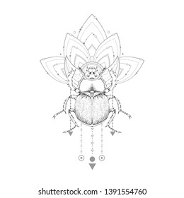 Vector illustration with hand drawn scarab and Sacred symbol on white background. Abstract mystic sign. Black linear shape. For you design, tattoo or magic craft.
