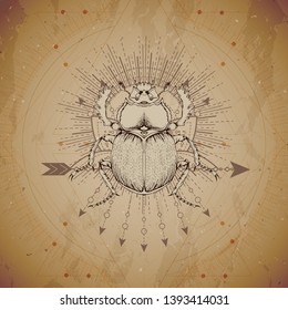 Vector illustration with hand drawn Scarab and Sacred geometric symbol on vintage paper background. Abstract mystic sign. Sepia linear shape. For you design and magic craft.