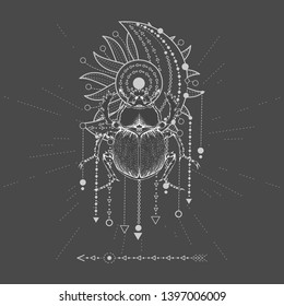 Vector illustration with hand drawn Scarab and Sacred geometric symbol on black background. Abstract mystic sign.