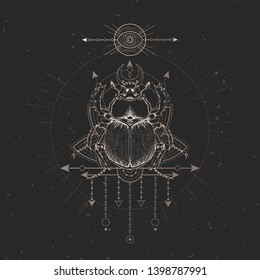Vector illustration with hand drawn Scarab and Sacred geometric symbol on black vintage background. Abstract mystic sign. Gold linear shape. For you design and magic craft.