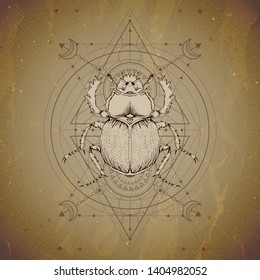 Vector illustration with hand drawn Scarab and Sacred geometric symbol on vintage paper background. Abstract mystic sign. Sepia linear shape. For you design and magic craft.