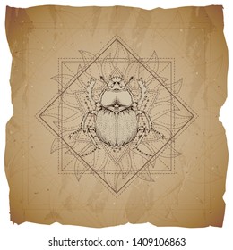 Vector illustration with hand drawn Scarab and Sacred geometric symbol on old paper background with torn edges. Abstract mystic sign. Sepia linear shape. For you design and magic craft.