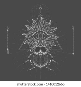 Vector illustration with hand drawn Scarab and Sacred geometric symbol on black background. Abstract mystic sign. White linear shape. For you design, tattoo or magic craft.