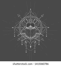 Vector illustration with hand drawn Scarab and Sacred geometric symbol on black background. Abstract mystic sign. White linear shape. For you design, tattoo or magic craft.