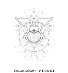 Vector illustration with hand drawn scarab and Sacred symbol on white background. Abstract mystic sign.