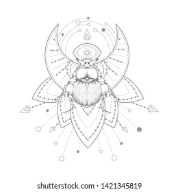 Vector illustration with hand drawn scarab and Sacred symbol on white background. Abstract mystic sign.