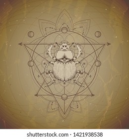 Vector illustration with hand drawn Scarab and Sacred geometric symbol on vintage paper background. Abstract mystic sign. Sepia linear shape. For you design and magic craft.
