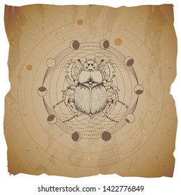 Vector illustration with hand drawn Scarab and Sacred geometric symbol on old paper background with torn edges. Abstract mystic sign.