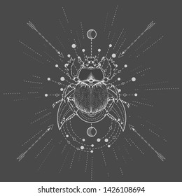 Vector illustration with hand drawn Scarab and Sacred geometric symbol on black background. Abstract mystic sign. White linear shape. For you design, tattoo or magic craft.