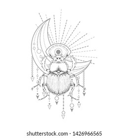 Vector illustration with hand drawn scarab and Sacred symbol on white background. Abstract mystic sign. Black linear shape. For you design, tattoo or magic craft.