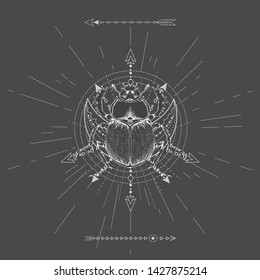 Vector illustration with hand drawn Scarab and Sacred geometric symbol on black background. Abstract mystic sign. White linear shape. For you design, tattoo or magic craft.
